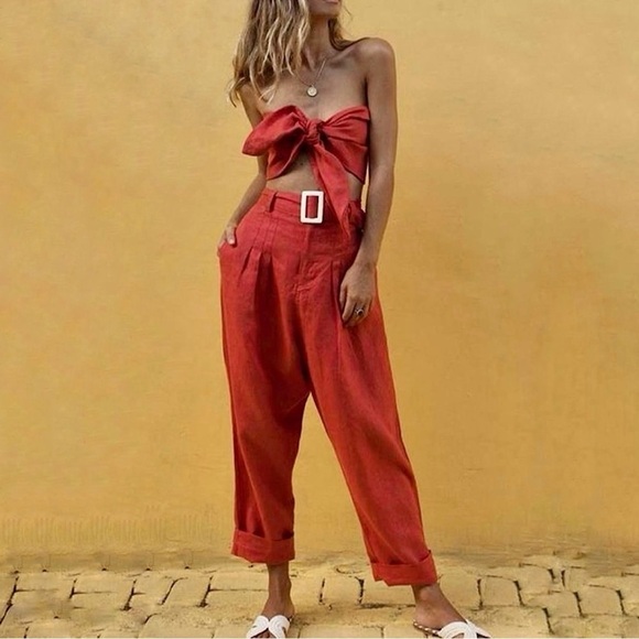 NWT Posse The Label Gemini Pant Pleated High Waist Belted Trouser Melon XS - Picture 1 of 16